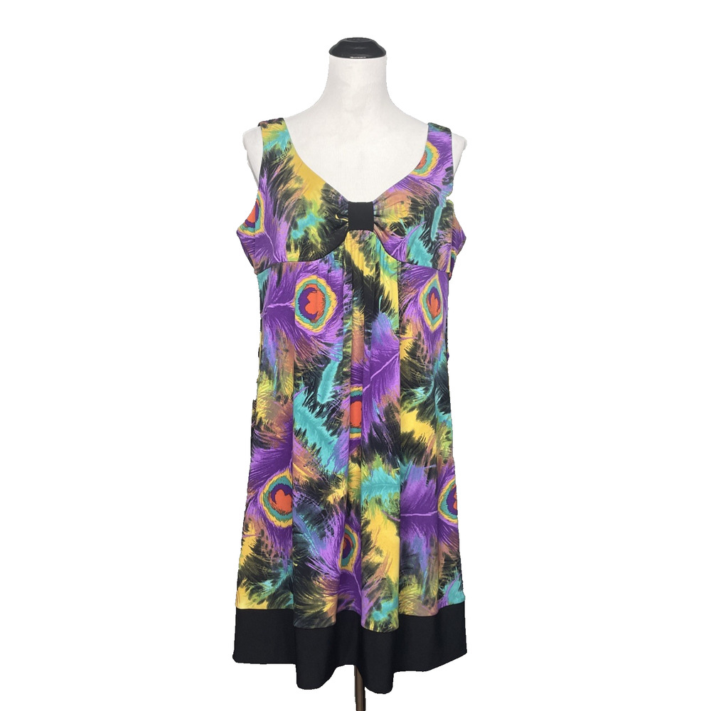 Ronni Nicole O So Slim Dress Size 14 Peacock Feather Print Sleeveless Midi Shift